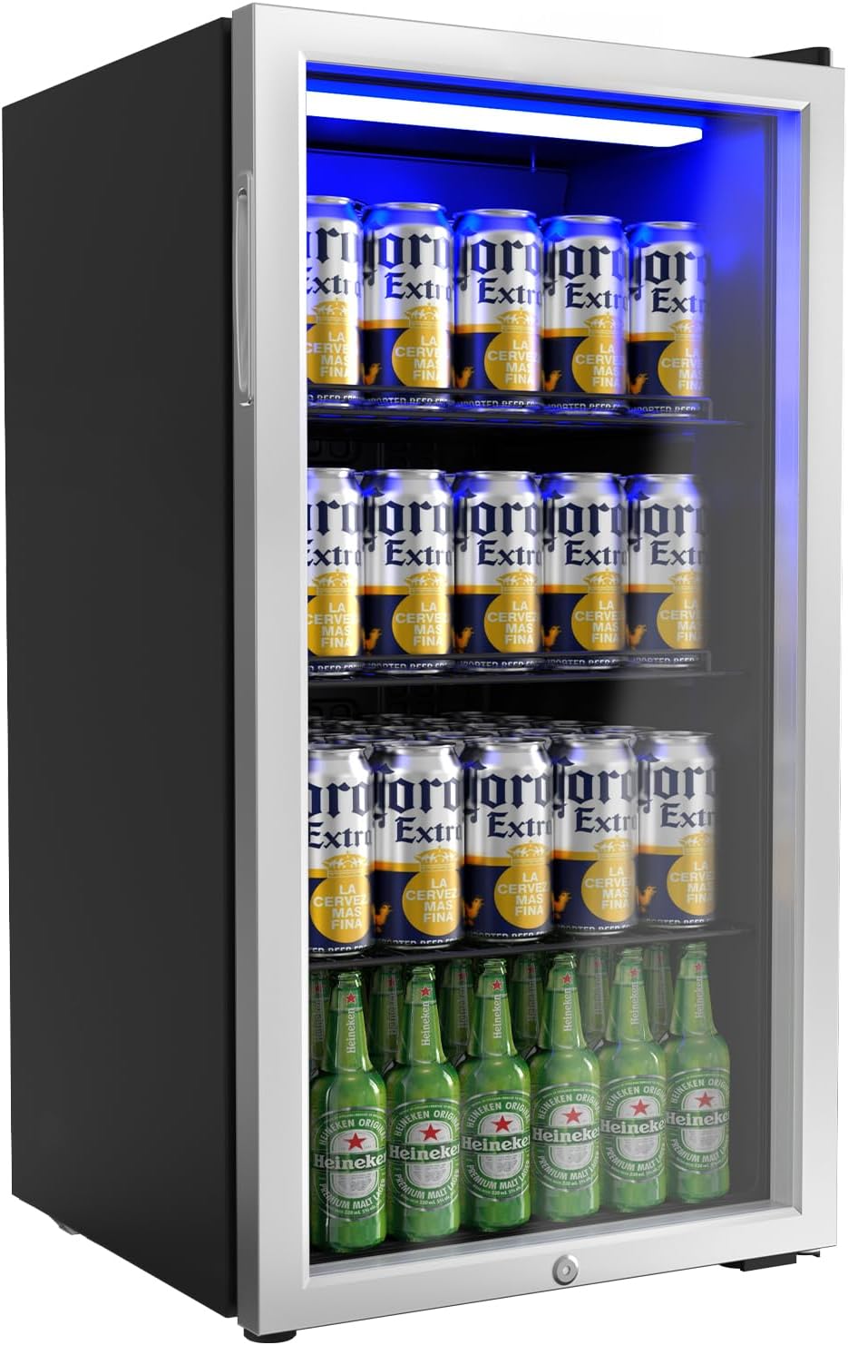3.3 Cu.Ft Beverage Refrigerator Cooler with Glass Door & Safety Lock, Quiet Mini Drink Fridge with Adjustable Shelf & Feet, Small Wine Cooler for Bedroom, Bar & Office, 32-50°F, 115V