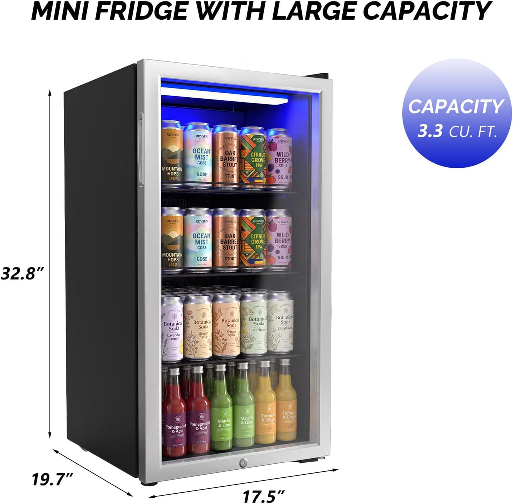 3.3 Cu.Ft Beverage Refrigerator Cooler with Glass Door & Safety Lock, Quiet Mini Drink Fridge with Adjustable Shelf & Feet, Small Wine Cooler for Bedroom, Bar & Office, 32-50°F, 115V
