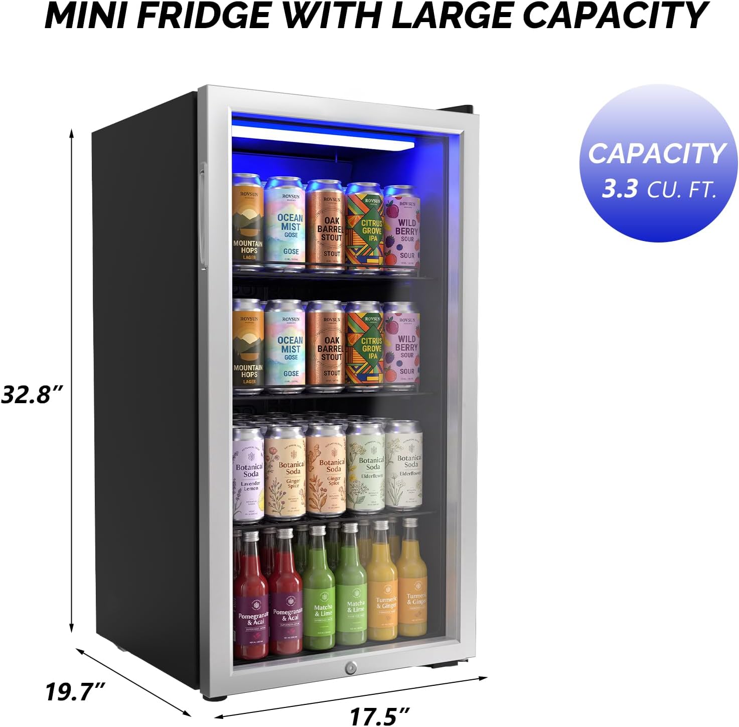 3.3 Cu.Ft Beverage Refrigerator Cooler with Glass Door & Safety Lock, Quiet Mini Drink Fridge with Adjustable Shelf & Feet, Small Wine Cooler for Bedroom, Bar & Office, 32-50°F, 115V