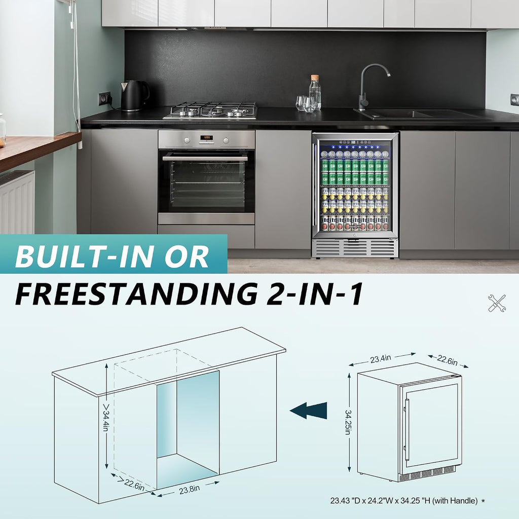 24 Inch Beverage Refrigerator, 180 Can Built-in Beverage Cooler, Under Counter Beer Fridge with Glass Door for Soda, Water, Wine - For Kitchen, Bar or Office