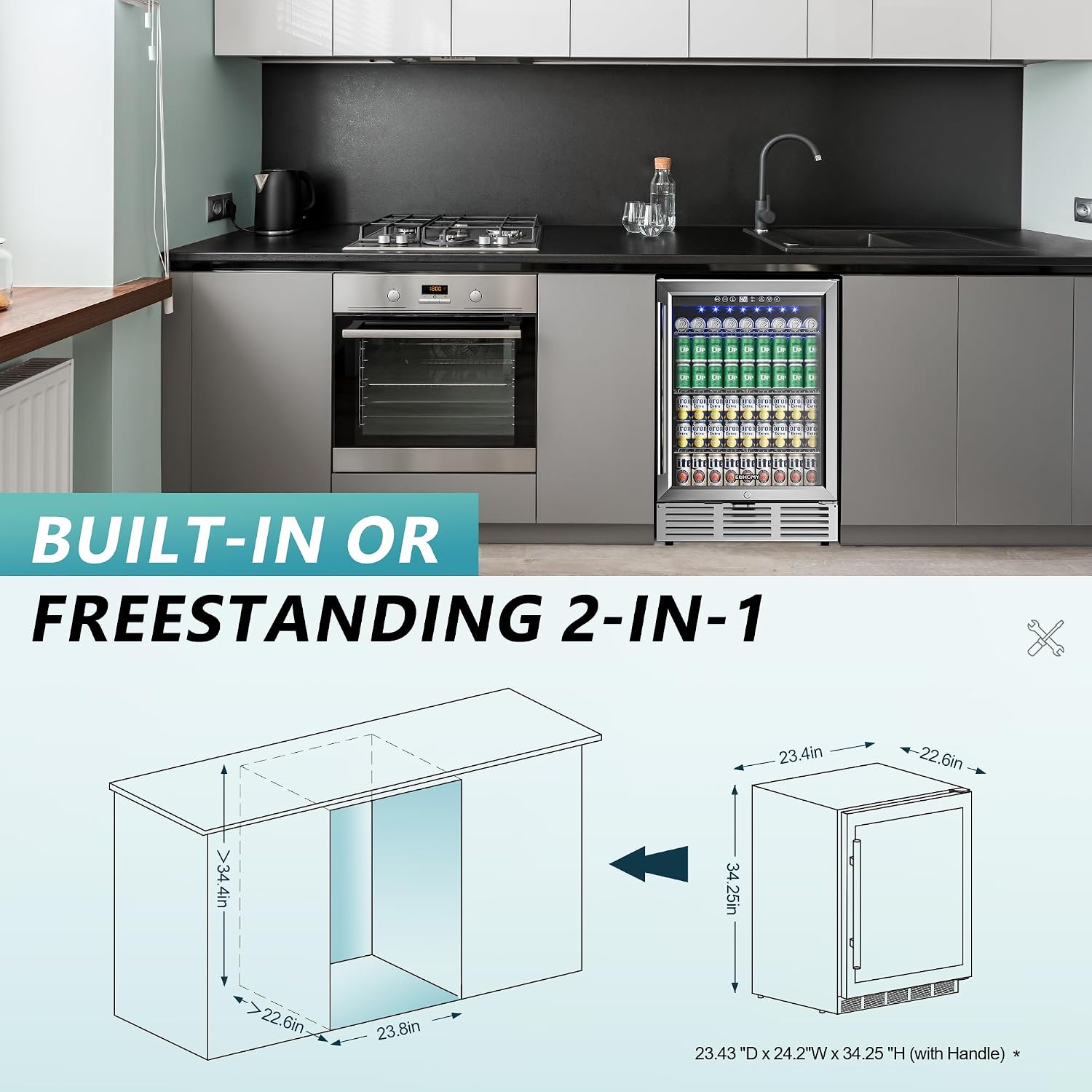 24 Inch Beverage Refrigerator, 180 Can Built-in Beverage Cooler, Under Counter Beer Fridge with Glass Door for Soda, Water, Wine - For Kitchen, Bar or Office