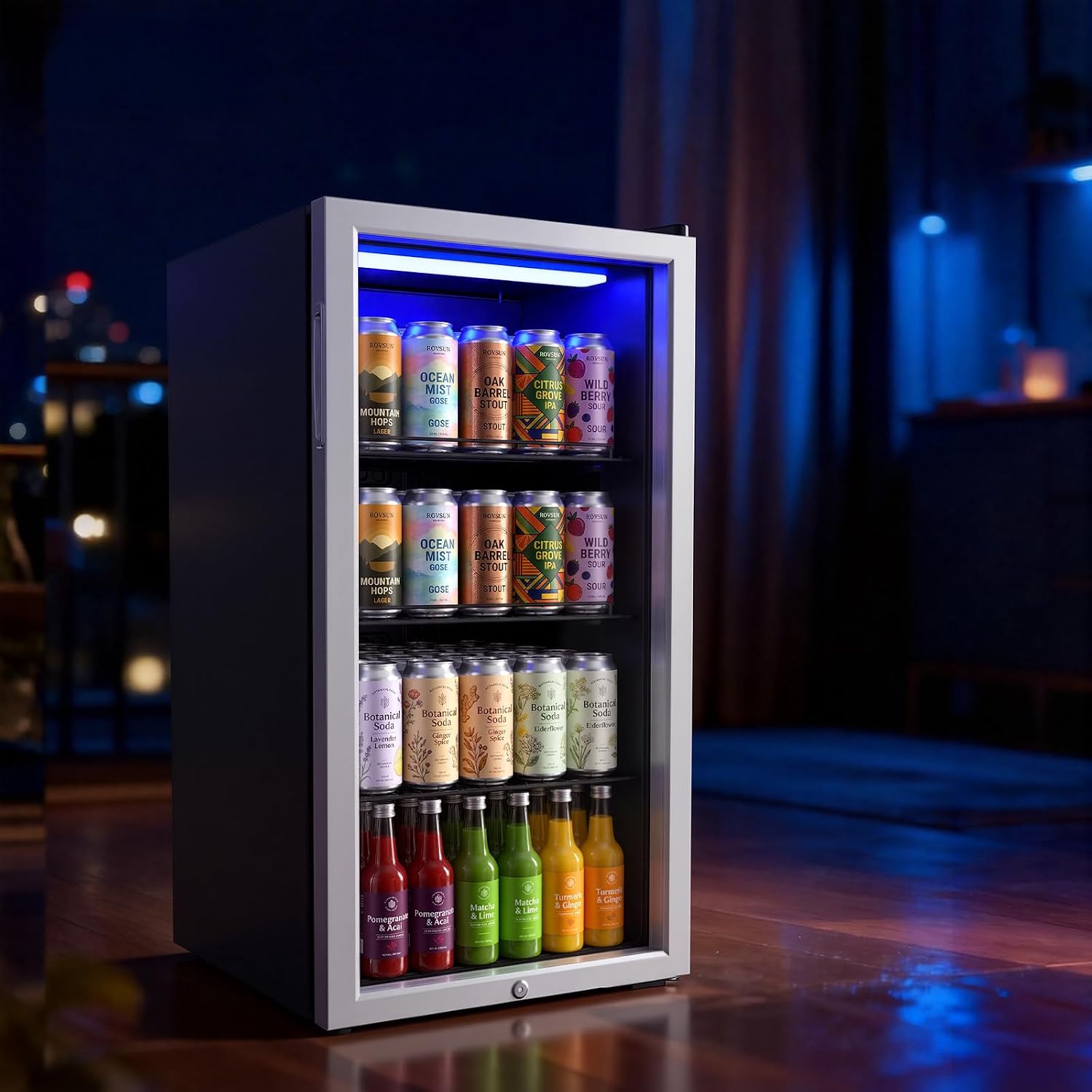 3.3 Cu.Ft Beverage Refrigerator Cooler with Glass Door & Safety Lock, Quiet Mini Drink Fridge with Adjustable Shelf & Feet, Small Wine Cooler for Bedroom, Bar & Office, 32-50°F, 115V