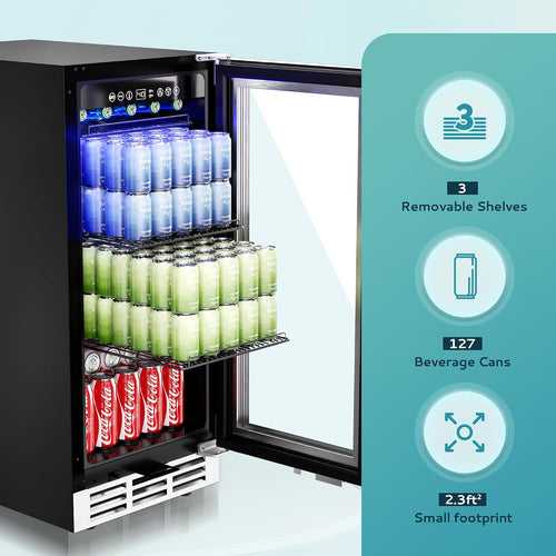 15 Inch Beverage Refrigerator Cooler Under Counter 127 Cans Beverage Fridge Built-in or Freestanding with Glass Door, LED Light, Beer Fridge for Soda, Water, Wine - Home Kitchen Bar.