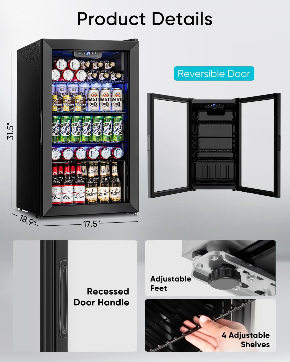 Beverage Refrigerator and Cooler - 126 Can Mini Fridge Glass Door for Soda Beer Wine - Freestanding Beverage Fridge for Bedroom Office Bar, 4 Adjustable Shelves, 3.2 Cu.Ft, Black