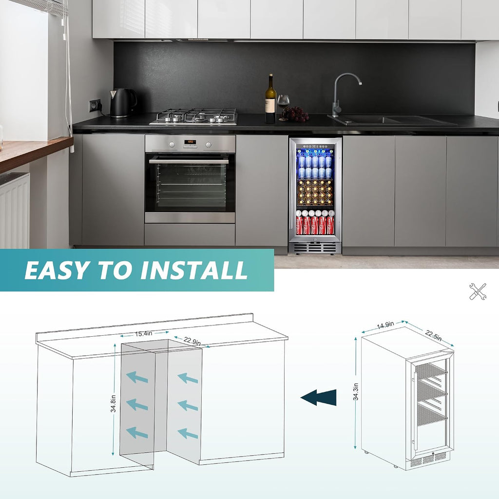 15 Inch Beverage Refrigerator Cooler Under Counter 127 Cans Beverage Fridge Built-in or Freestanding with Glass Door, LED Light, Beer Fridge for Soda, Water, Wine - Home Kitchen Bar.