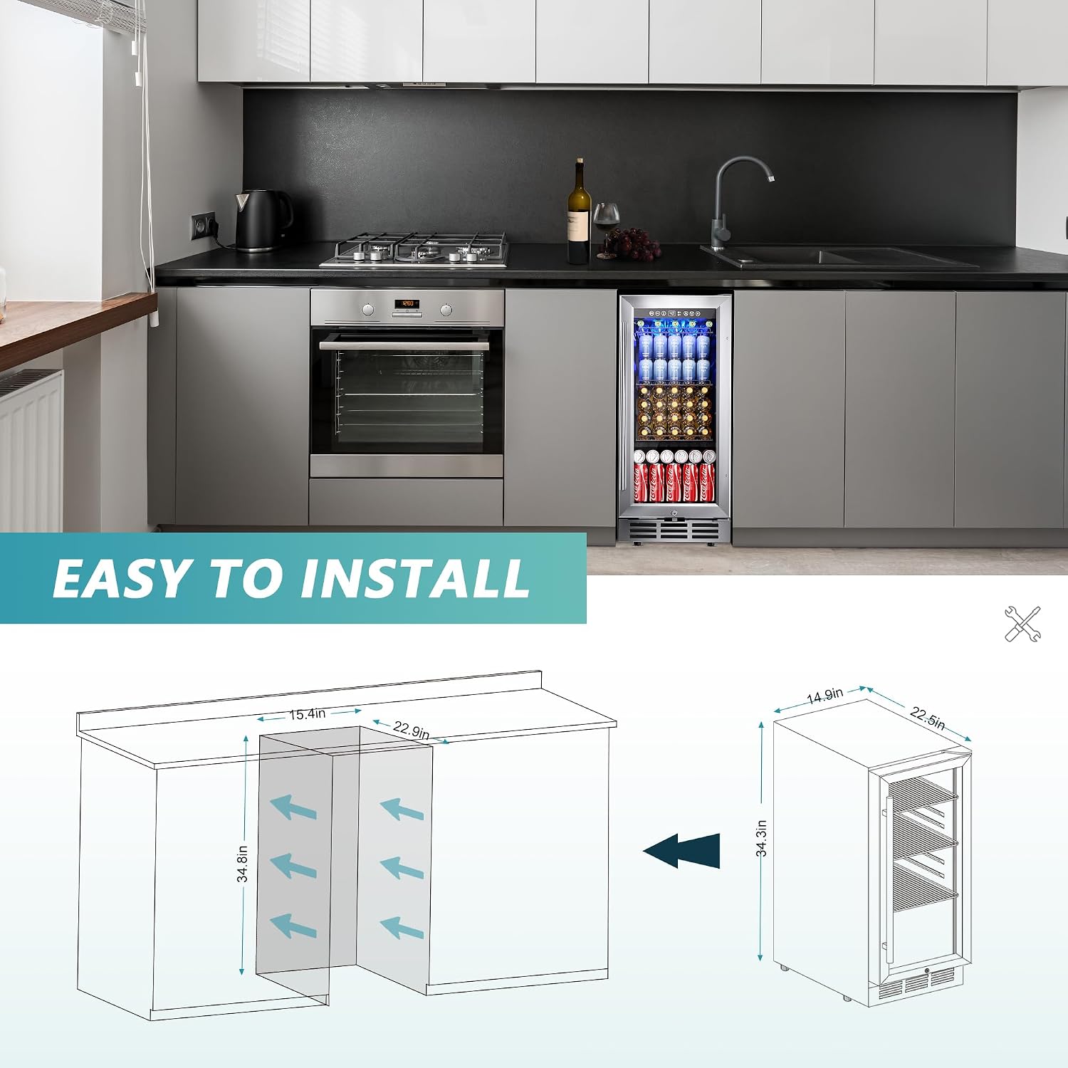 15 Inch Beverage Refrigerator Cooler Under Counter 127 Cans Beverage Fridge Built-in or Freestanding with Glass Door, LED Light, Beer Fridge for Soda, Water, Wine - Home Kitchen Bar.