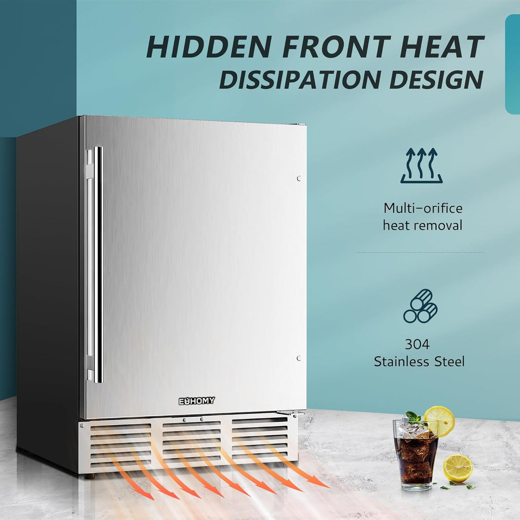 24 Inch Beverage Refrigerator, Built-in and Freestanding Beverage Cooler 180 Can, Under Counter Beverage Fridge with Stainless Steel Door, Outdoor Refrigerator for Soda, Beer, Wine