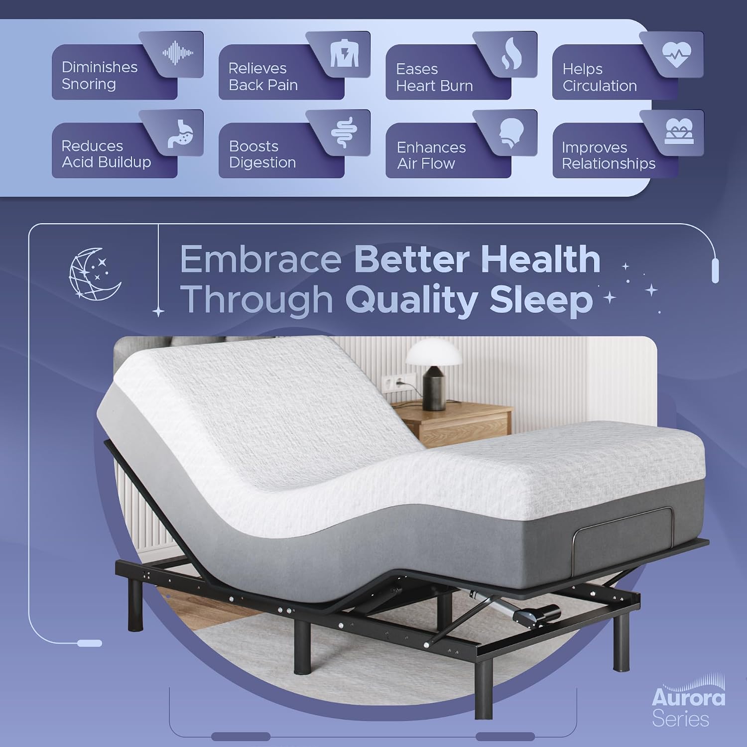 Celestial Aurora Adjustable Bed Base (Frame) + 8 inch Gel Memory Foam Mattress (Firm), Easy Assembly, Head and Foot Lift, Zero Gravity, Memory Positions, CertiPUR-US Bed - TwinXL