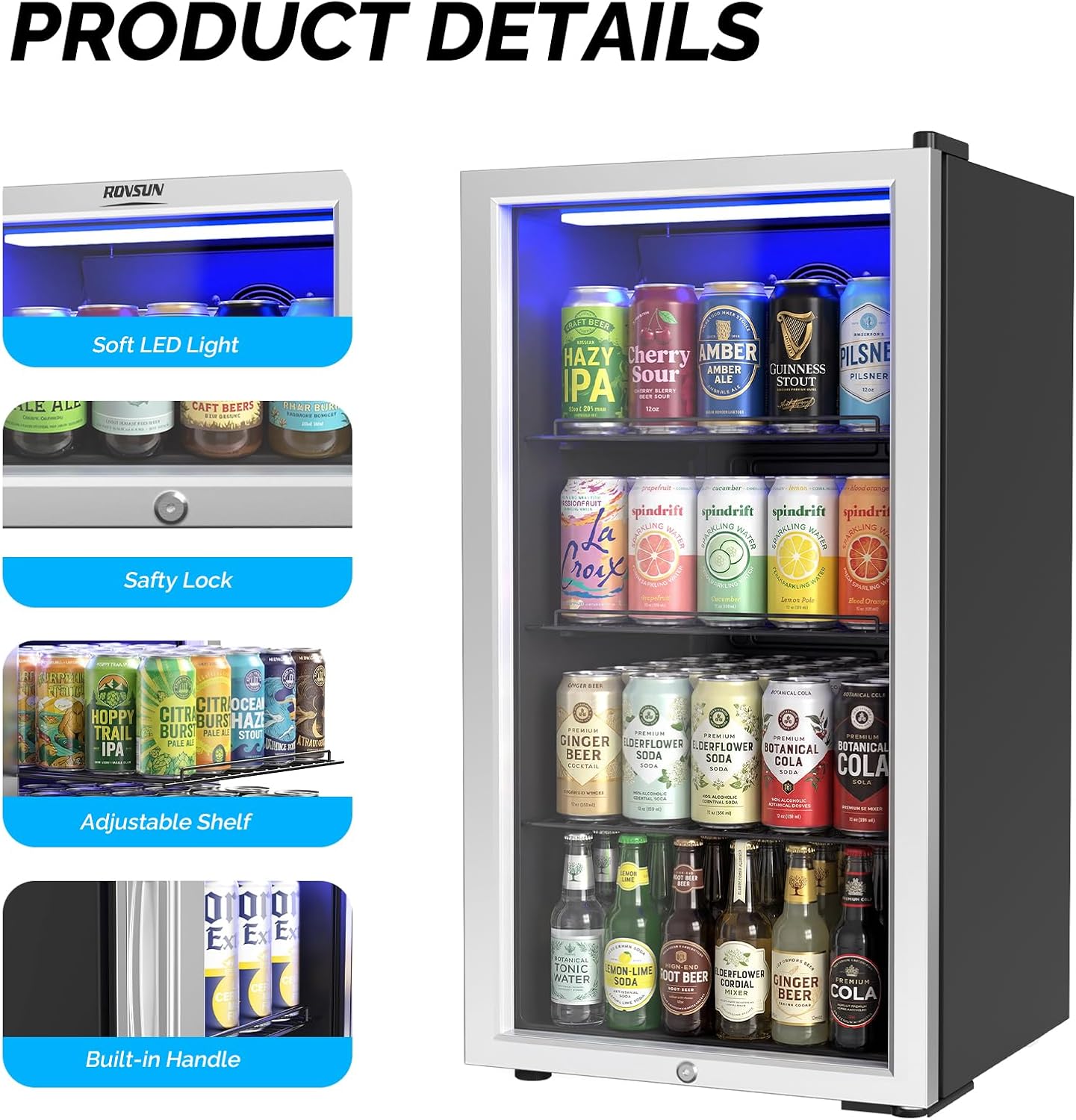 3.3 Cu.Ft Beverage Refrigerator Cooler with Glass Door & Safety Lock, Quiet Mini Drink Fridge with Adjustable Shelf & Feet, Small Wine Cooler for Bedroom, Bar & Office, 32-50°F, 115V