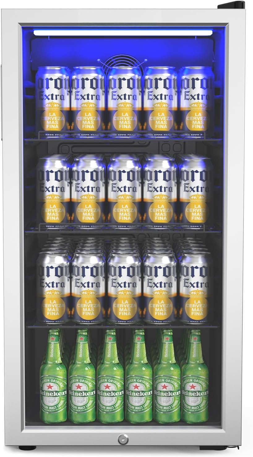 3.3 Cu.Ft Beverage Refrigerator Cooler with Glass Door & Safety Lock, Quiet Mini Drink Fridge with Adjustable Shelf & Feet, Small Wine Cooler for Bedroom, Bar & Office, 32-50°F, 115V