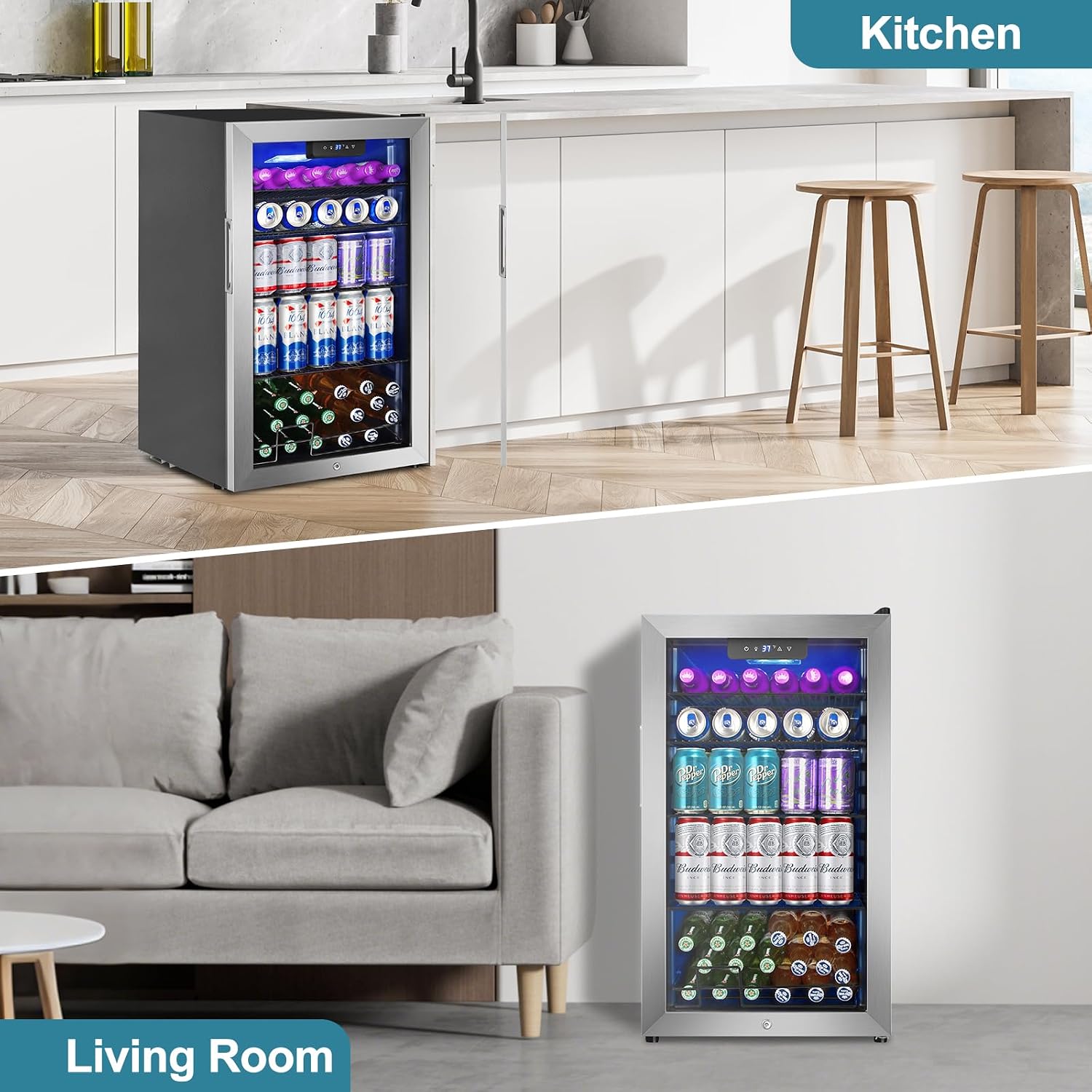 128 Cans Beverage Refrigerator Cooler, 3.2 Cu.Ft Mini Drink Fridge Glass Door for Drink Beer Soda Wine, Beer Fridge with 4 Removable Shelves for Kitchen Bedroom, Office Bar Gaming Room,Stainless Steel