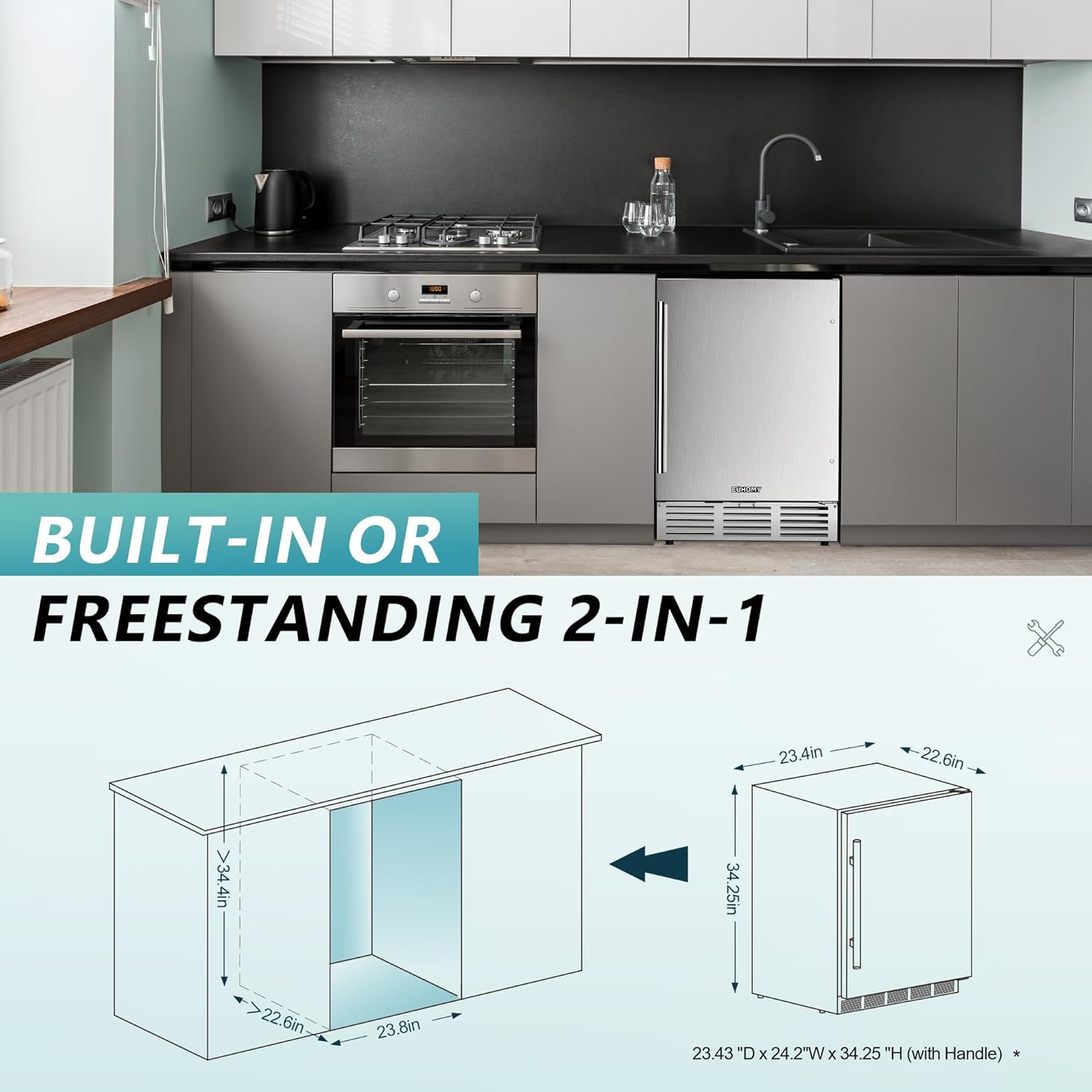 24 Inch Beverage Refrigerator, Built-in and Freestanding Beverage Cooler 180 Can, Under Counter Beverage Fridge with Stainless Steel Door, Outdoor Refrigerator for Soda, Beer, Wine