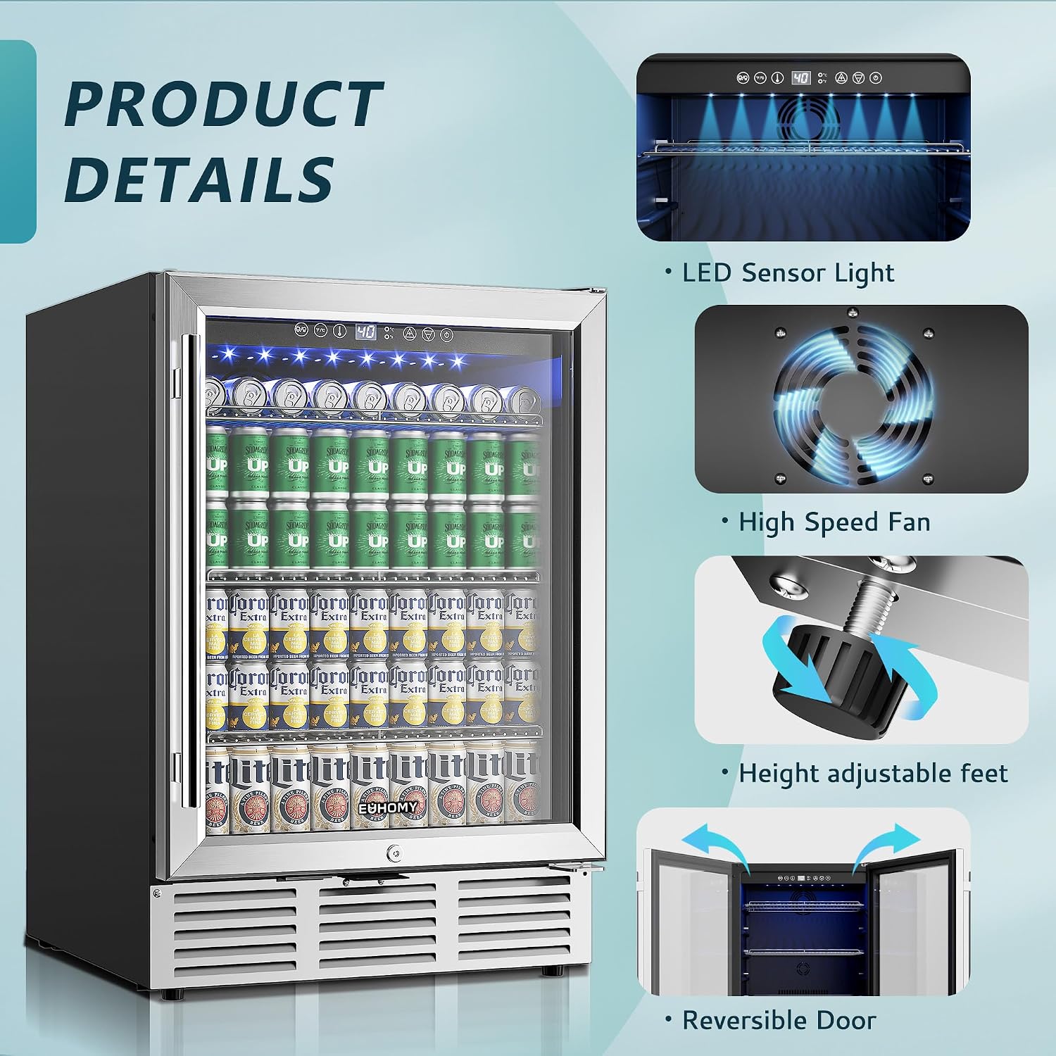 24 Inch Beverage Refrigerator, 180 Can Built-in Beverage Cooler, Under Counter Beer Fridge with Glass Door for Soda, Water, Wine - For Kitchen, Bar or Office