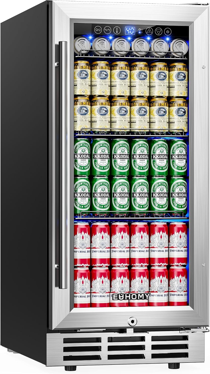 15 Inch Beverage Refrigerator Cooler Under Counter 127 Cans Beverage Fridge Built-in or Freestanding with Glass Door, LED Light, Beer Fridge for Soda, Water, Wine - Home Kitchen Bar.