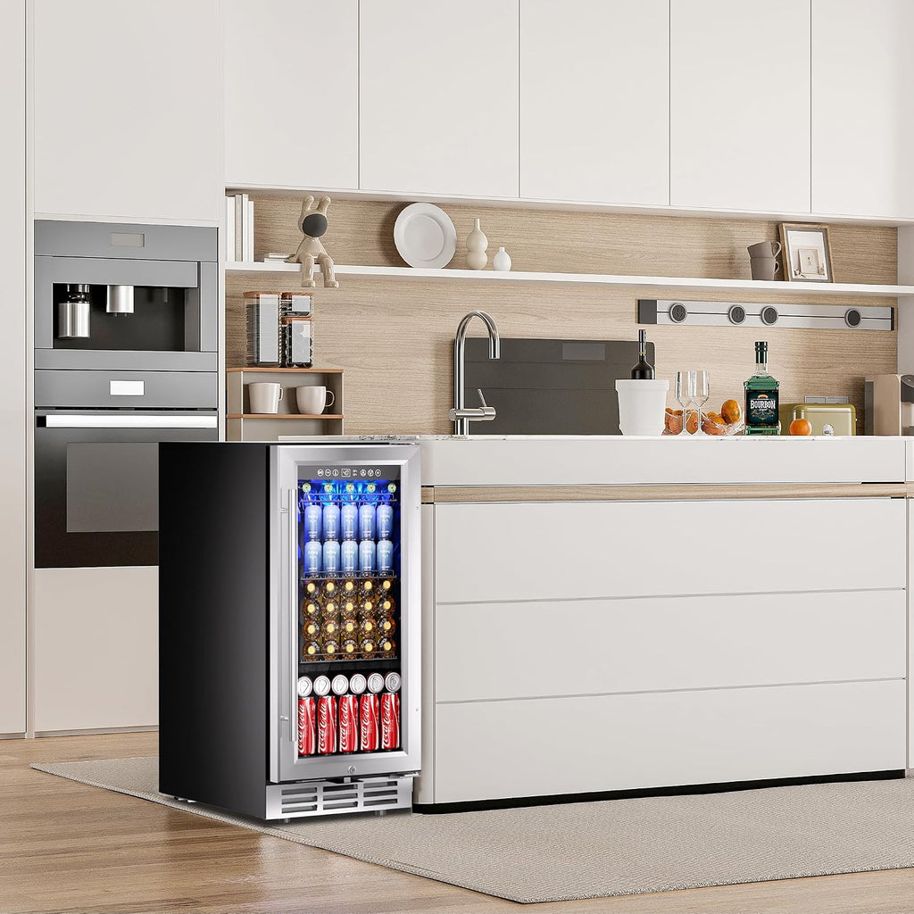 15 Inch Beverage Refrigerator Cooler Under Counter 127 Cans Beverage Fridge Built-in or Freestanding with Glass Door, LED Light, Beer Fridge for Soda, Water, Wine - Home Kitchen Bar.