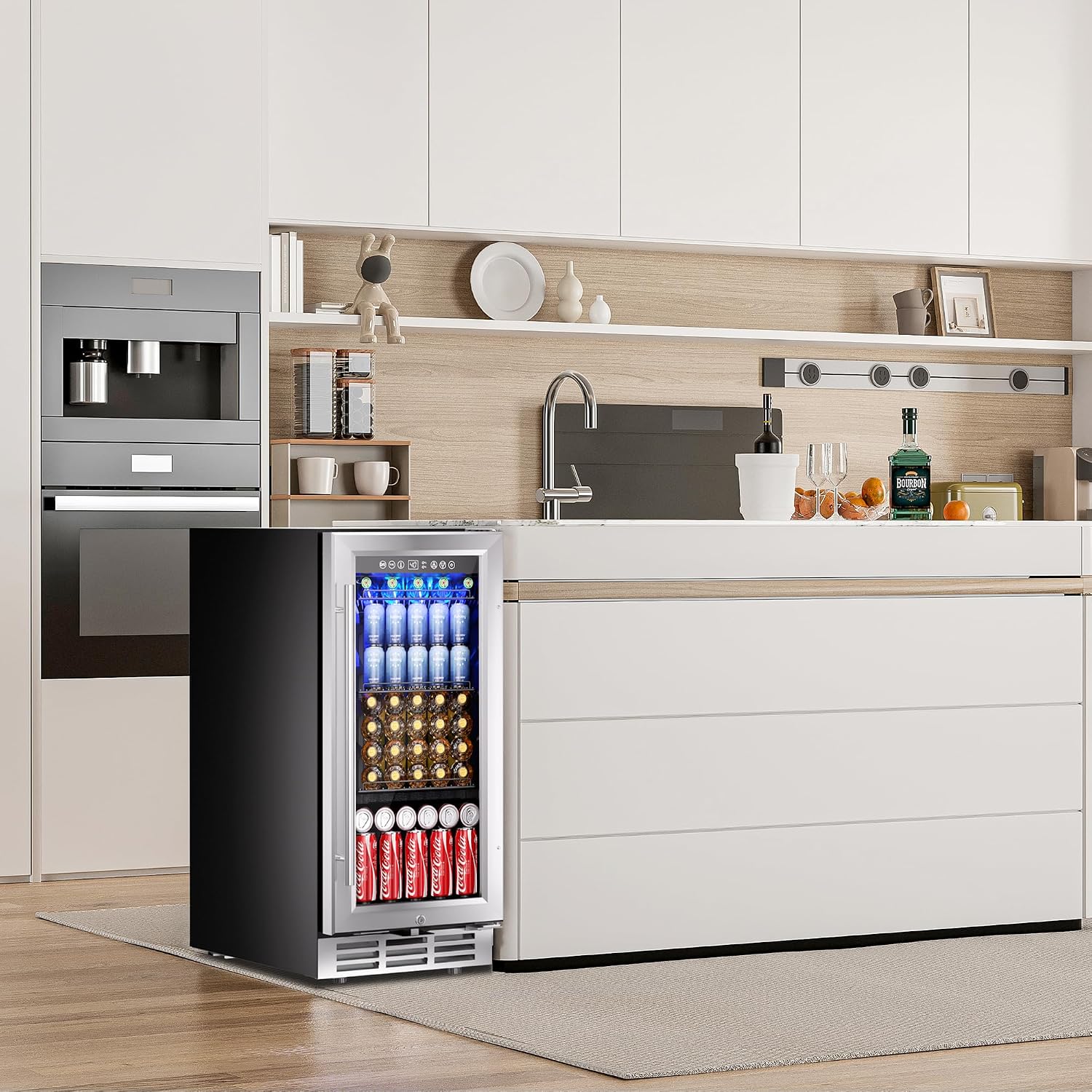 15 Inch Beverage Refrigerator Cooler Under Counter 127 Cans Beverage Fridge Built-in or Freestanding with Glass Door, LED Light, Beer Fridge for Soda, Water, Wine - Home Kitchen Bar.