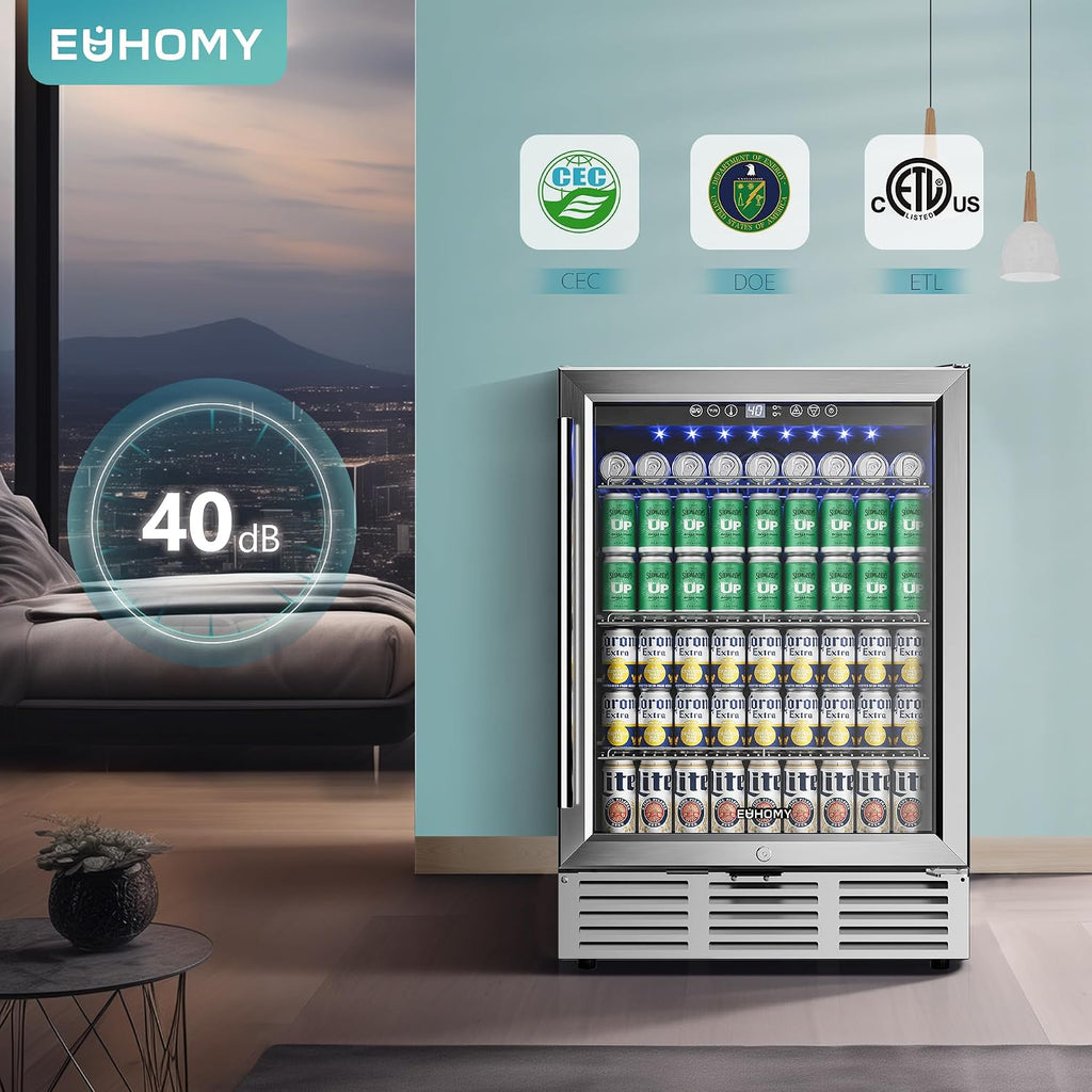 24 Inch Beverage Refrigerator, 180 Can Built-in Beverage Cooler, Under Counter Beer Fridge with Glass Door for Soda, Water, Wine - For Kitchen, Bar or Office