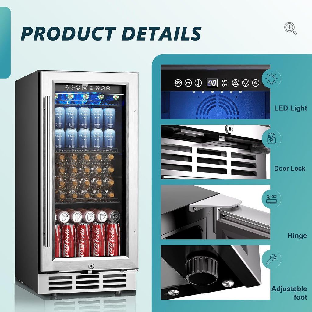 15 Inch Beverage Refrigerator Cooler Under Counter 127 Cans Beverage Fridge Built-in or Freestanding with Glass Door, LED Light, Beer Fridge for Soda, Water, Wine - Home Kitchen Bar.