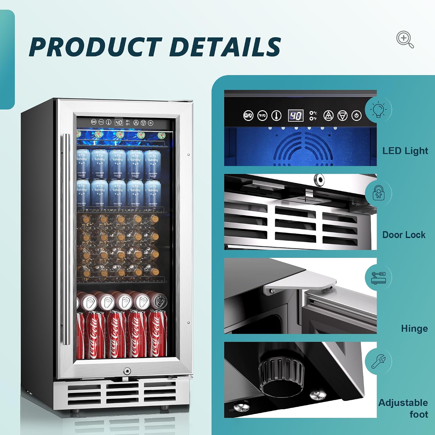 15 Inch Beverage Refrigerator Cooler Under Counter 127 Cans Beverage Fridge Built-in or Freestanding with Glass Door, LED Light, Beer Fridge for Soda, Water, Wine - Home Kitchen Bar.