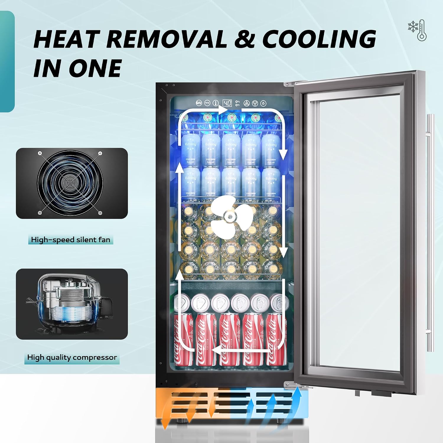 15 Inch Beverage Refrigerator Cooler Under Counter 127 Cans Beverage Fridge Built-in or Freestanding with Glass Door, LED Light, Beer Fridge for Soda, Water, Wine - Home Kitchen Bar.