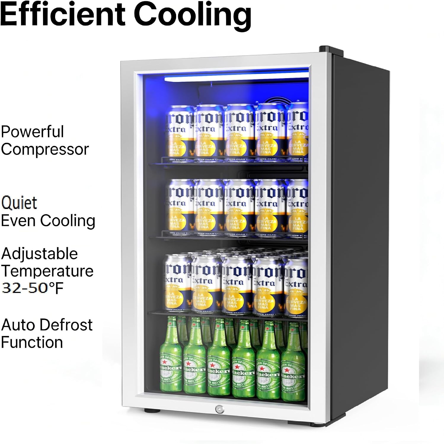 3.3 Cu.Ft Beverage Refrigerator Cooler with Glass Door & Safety Lock, Quiet Mini Drink Fridge with Adjustable Shelf & Feet, Small Wine Cooler for Bedroom, Bar & Office, 32-50°F, 115V