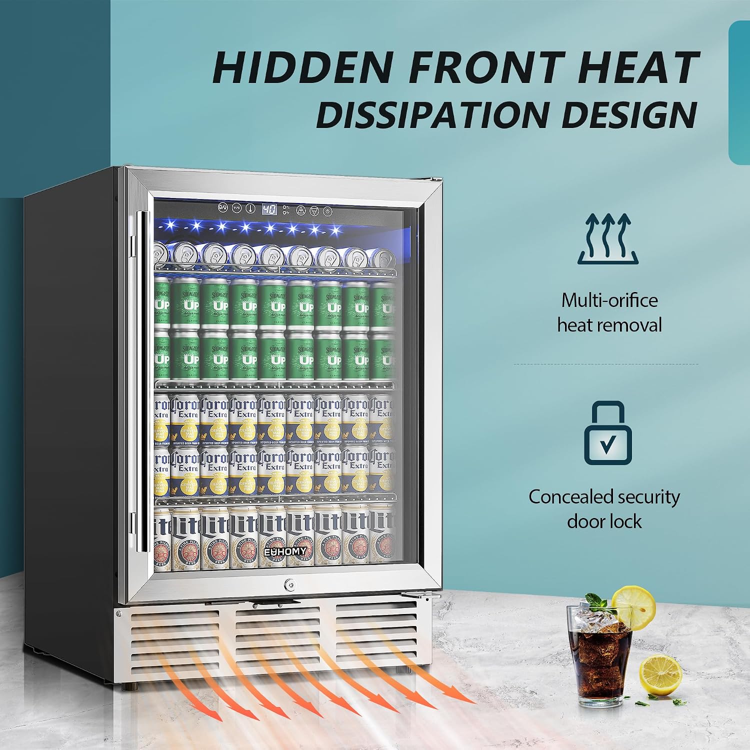 24 Inch Beverage Refrigerator, 180 Can Built-in Beverage Cooler, Under Counter Beer Fridge with Glass Door for Soda, Water, Wine - For Kitchen, Bar or Office