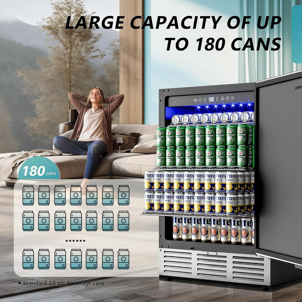 24 Inch Beverage Refrigerator, Built-in and Freestanding Beverage Cooler 180 Can, Under Counter Beverage Fridge with Stainless Steel Door, Outdoor Refrigerator for Soda, Beer, Wine