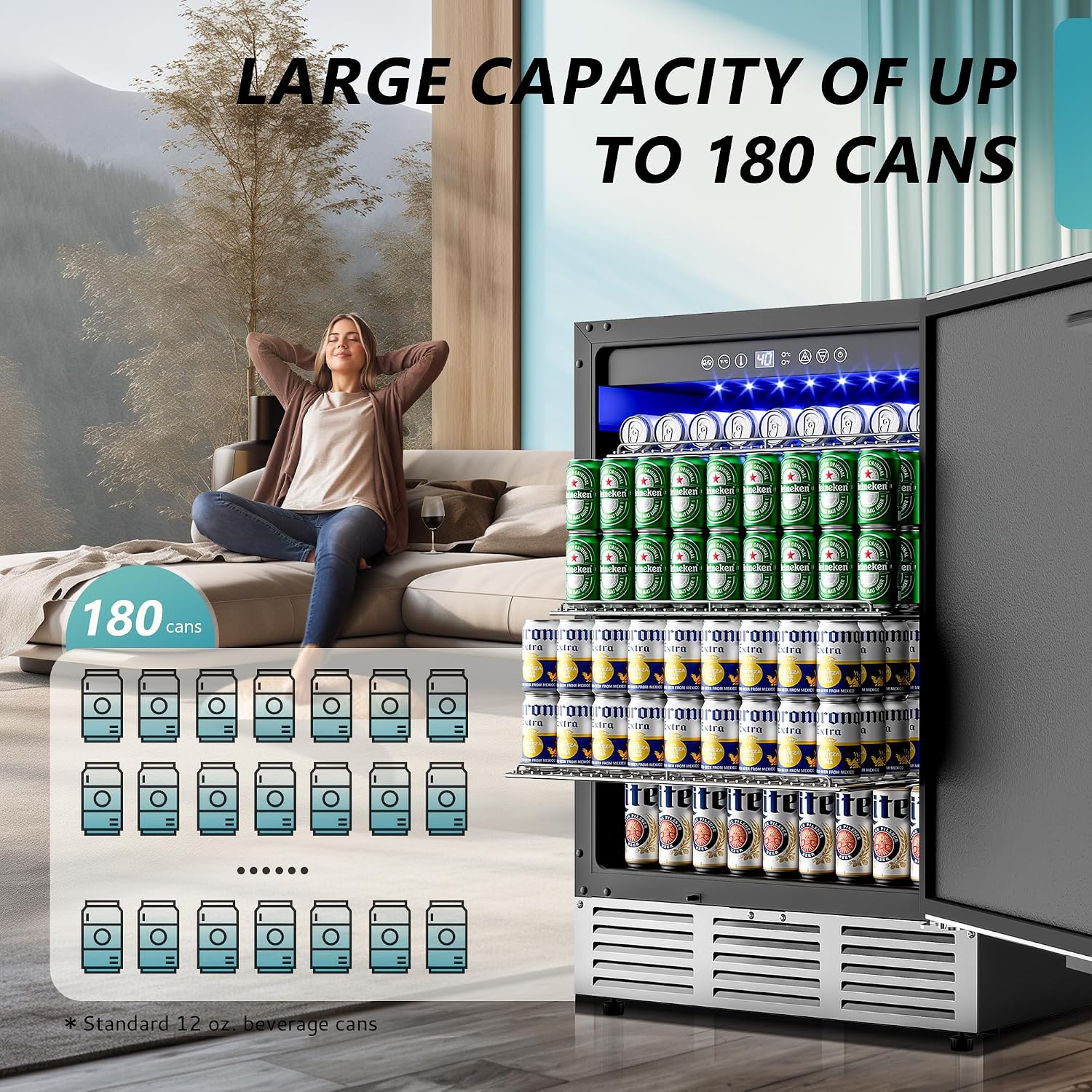 24 Inch Beverage Refrigerator, Built-in and Freestanding Beverage Cooler 180 Can, Under Counter Beverage Fridge with Stainless Steel Door, Outdoor Refrigerator for Soda, Beer, Wine