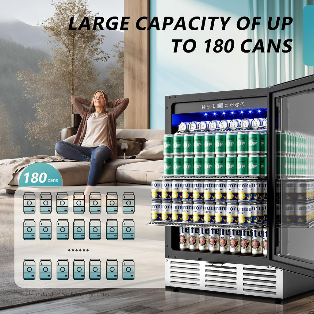 24 Inch Beverage Refrigerator, 180 Can Built-in Beverage Cooler, Under Counter Beer Fridge with Glass Door for Soda, Water, Wine - For Kitchen, Bar or Office